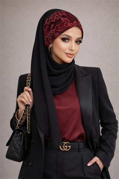 Siyah Kırmızı Bandana Hazır Abiye Şal