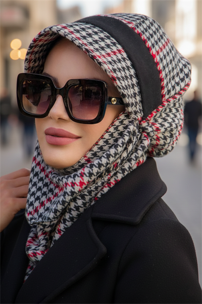 Siyah Kırmızı Detay Kazayağı Desen Tesettür Şapka