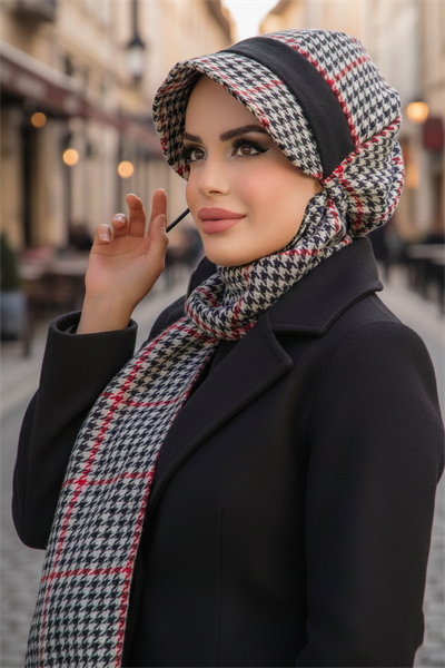 Siyah Kırmızı Detay Kazayağı Desen Tesettür Şapka