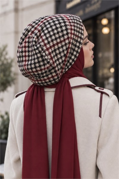Bordo Kazayağı Şallı Kaşe Tesettür Bere