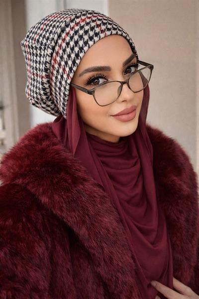 Siyah Kırmızı Kazayağı Tesettür Bere