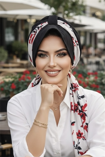 Siyah Kırmızı Yaprak Desen Fularlı Şapka Bone