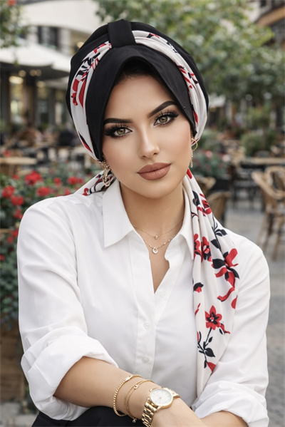 Siyah Kırmızı Yaprak Desen Fularlı Şapka Bone