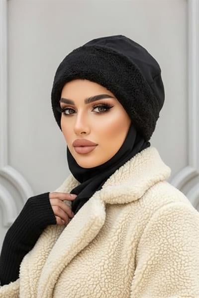 Siyah Kürk Aksesuarlı Tesettür Bere