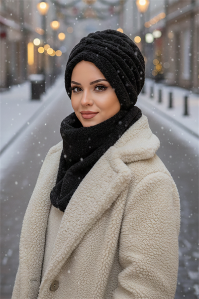 Siyah Kürk Büzgülü Bone Ve Etol Takım