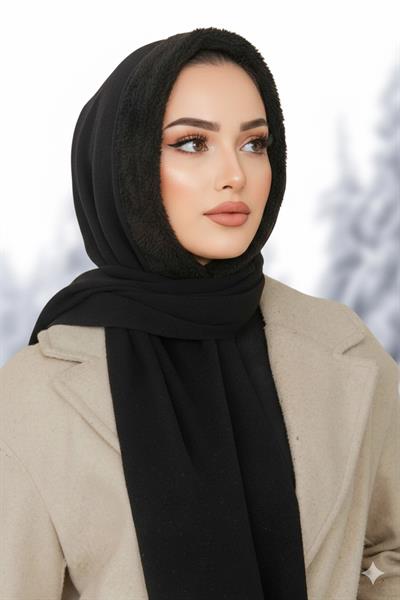 Siyah Kürk Kapüşonlu Çıtçıtlı Şal