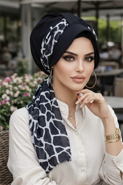 Siyah Mermer Desen Fularlı Şapka Bone
