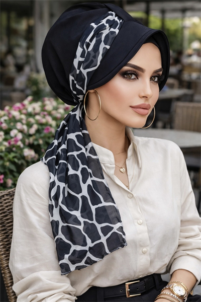 Siyah Mermer Desen Fularlı Şapka Bone