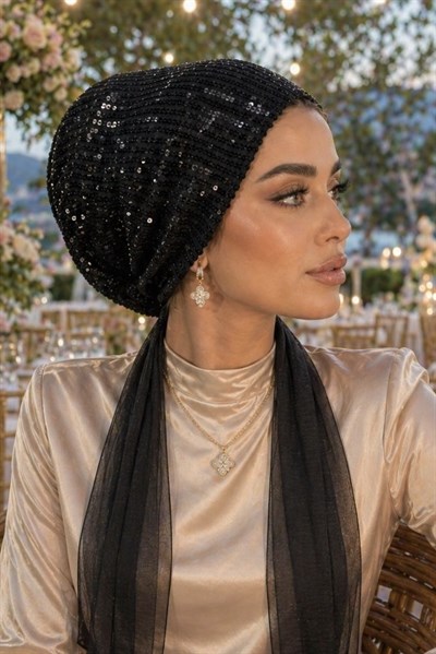 Siyah Payet Abiye Eşarp Bone