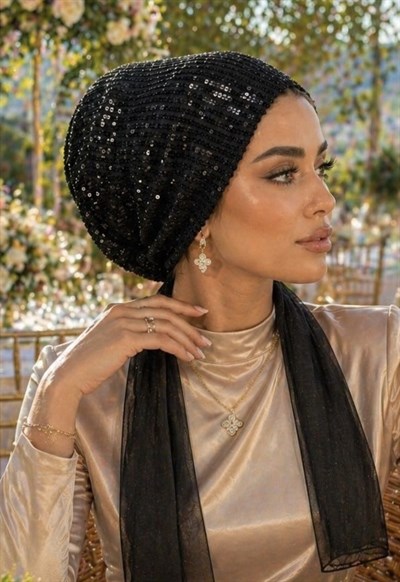 Siyah Payet Abiye Eşarp Bone