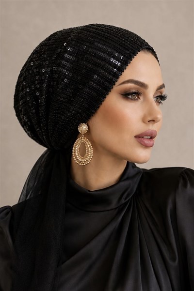 Siyah Payet Abiye Eşarp Bone