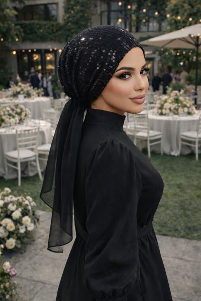Siyah Payet Abiye Eşarp Bone