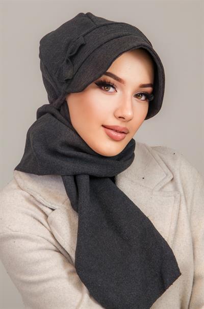 Antrasit Fiyonklu Atkılı Tesettür Şapka