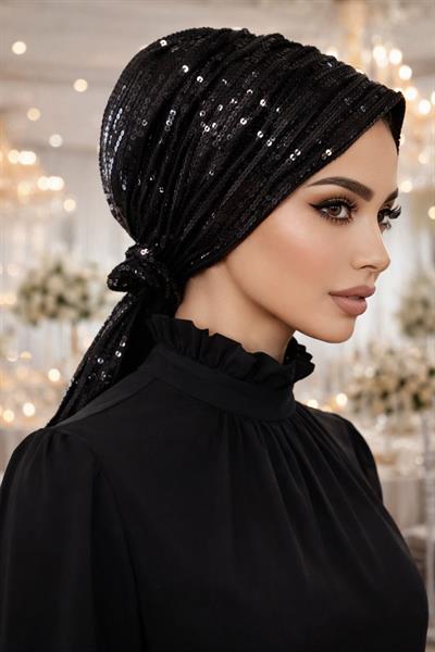 Siyah Payet İşleme Abiye Tokalı Bone