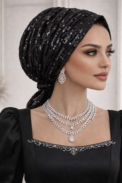 Siyah Payet İşleme Abiye Tokalı Bone