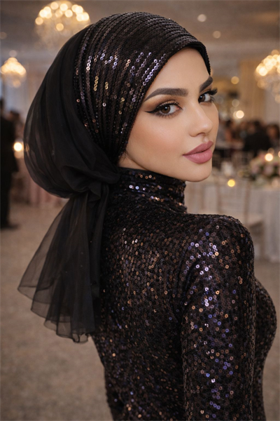 Siyah Payetli Tül Abiye Tokalı Bone