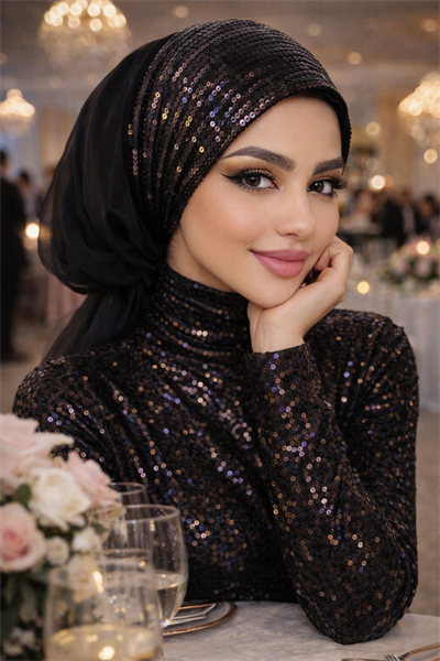 Siyah Payetli Tül Abiye Tokalı Bone