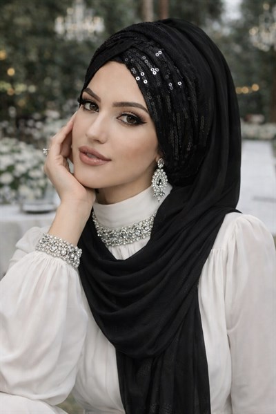 Siyah Payetli Burgu Model Hazır Abiye Şal