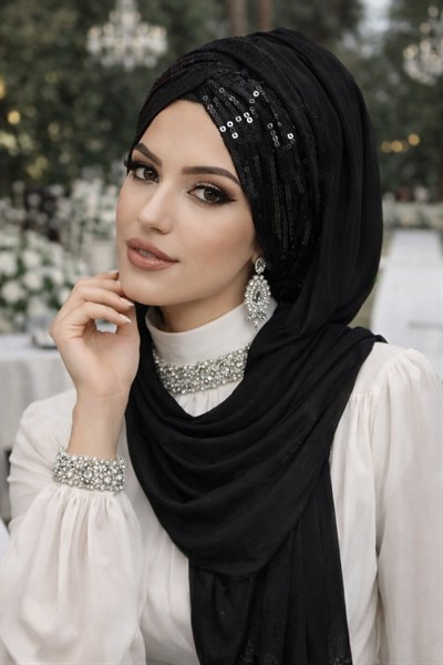 Siyah Payetli Burgu Model Hazır Abiye Şal