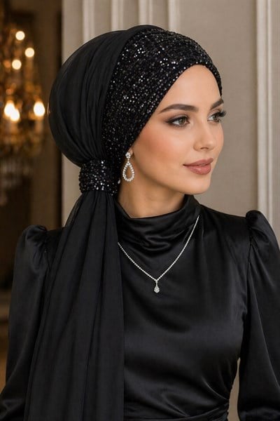 Siyah Payetli Tül Abiye Tokalı Bone
