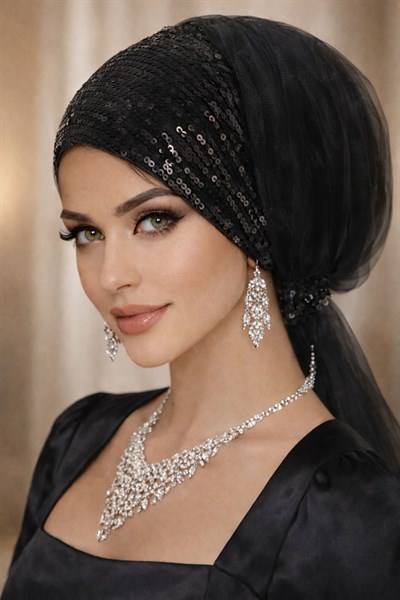 Siyah Payetli Tül Abiye Tokalı Bone