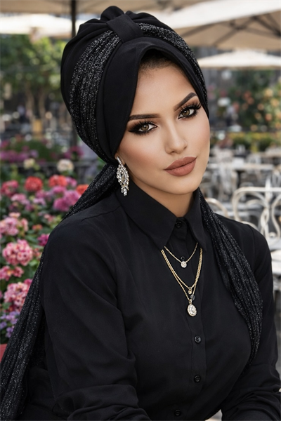 Siyah Pilise Fularlı Şapkalı Bone