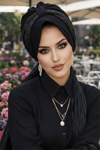 Siyah Pilise Fularlı Şapkalı Bone