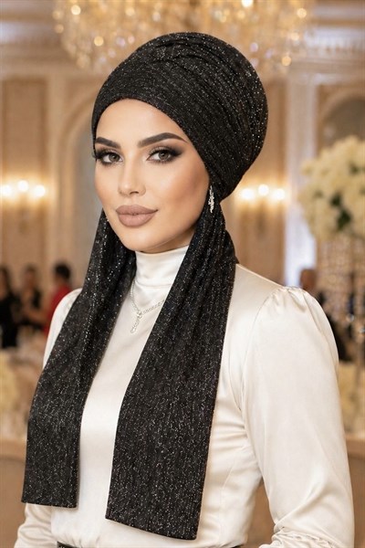 Siyah Piliseli Simli Kelebek Bone Şal