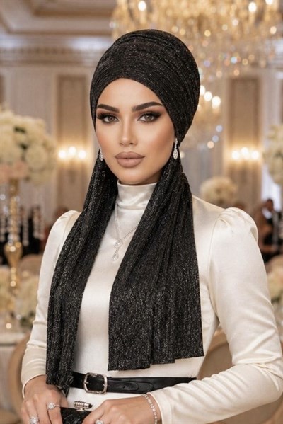 Siyah Piliseli Simli Kelebek Bone Şal