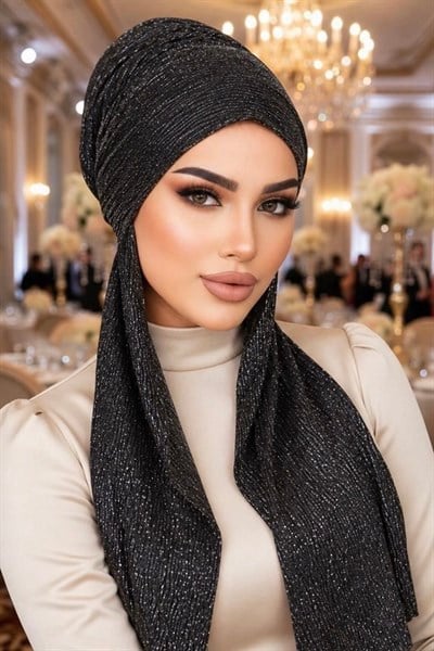 Siyah Piliseli Simli Kelebek Bone Şal