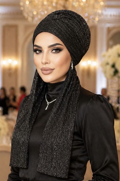 Siyah Piliseli Simli Kelebek Bone Şal
