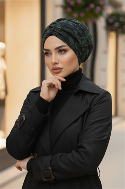 Siyah Haki Desenli Büzgülü Salaş Bone