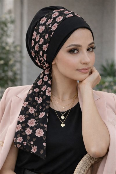 Siyah Pudra Çiçek Desen Fularlı Bone