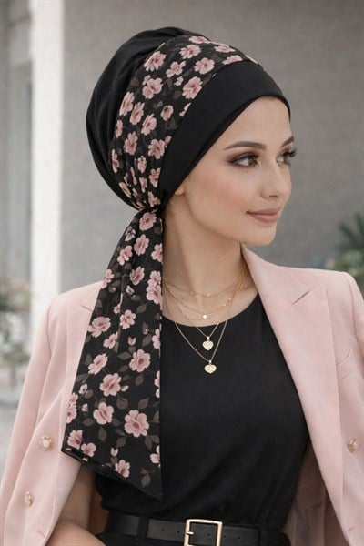 Siyah Pudra Çiçek Desen Fularlı Bone