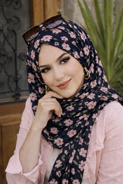 Siyah Pudra Çiçek Desenli Hazır Şifon Şal