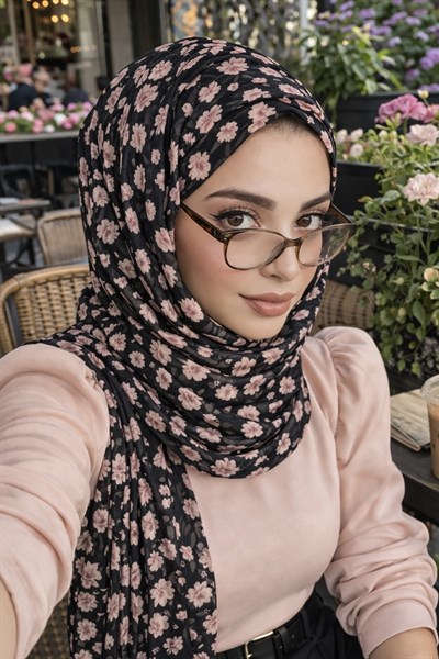 Siyah Pudra Çiçek Desenli Hazır Şifon Şal