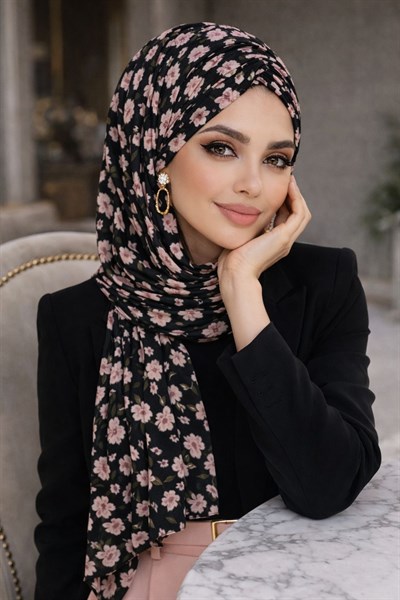 Siyah Pudra Çiçek Desenli Hazır Şifon Şal