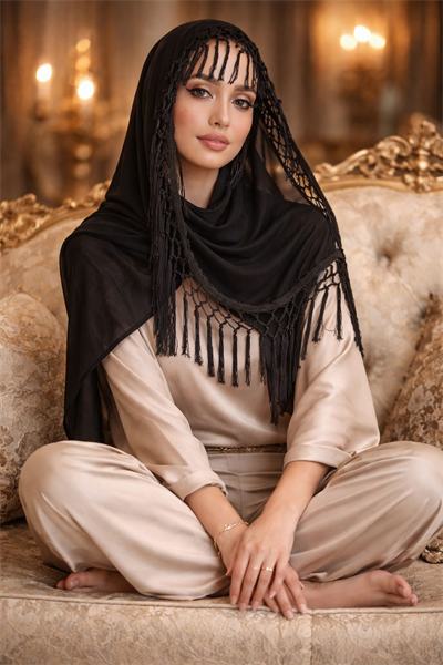 Siyah Püsküllü Şifon Şal 170cmx65cm