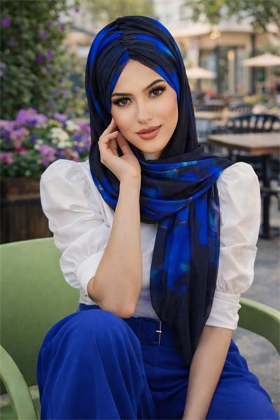 Siyah Saks Mavi Batik Desen Hazır Şal