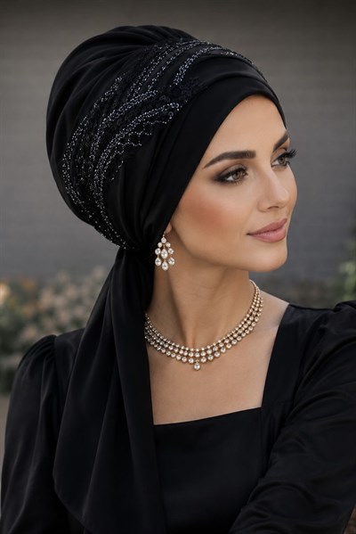 Siyah Sim Payet Abiye Atkılı Bone