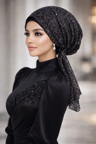 Siyah Simli Abiye Eşarp Bone