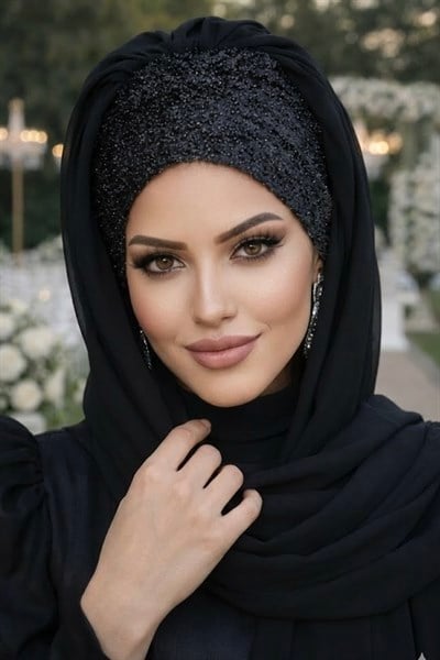 Siyah Simli Hazır Abiye Şal