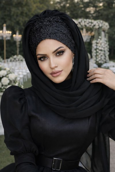 Siyah Simli Hazır Abiye Şal