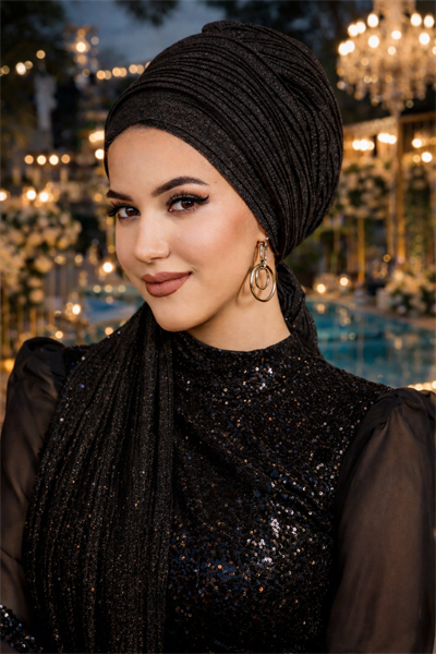 Siyah Simli Piliseli Abiye Atkılı Bone