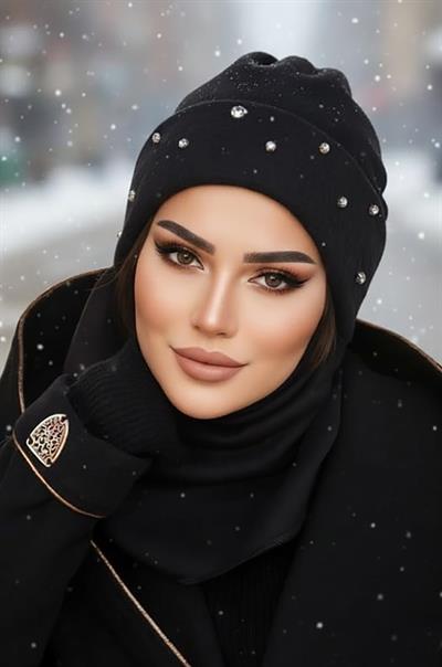 Siyah Swarovski Taşlı Maskeli Bere