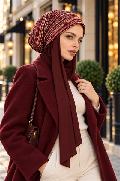 Bordo Desenli Şallı Salaş Bere