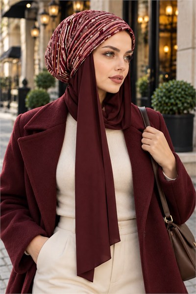 Bordo Desenli Şallı Salaş Bere