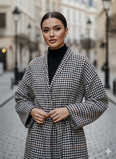 Siyah Taba Kaşe Kazayağı Desen Kuşaklı Kimono Ceket / Kışlık Ürün