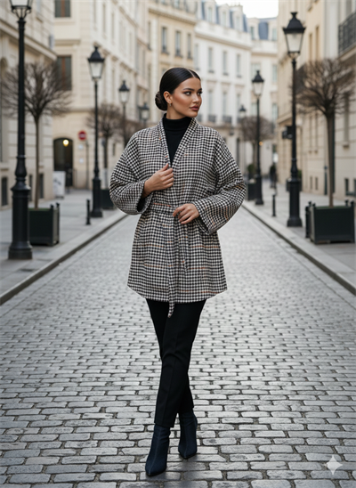 Siyah Taba Kaşe Kazayağı Desen Kuşaklı Kimono Ceket / Kışlık Ürün