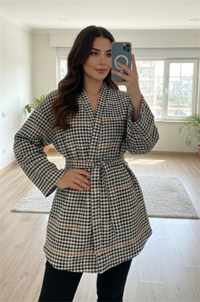 Siyah Taba Kaşe Kazayağı Desen Kuşaklı Kimono Ceket / Kışlık Ürün